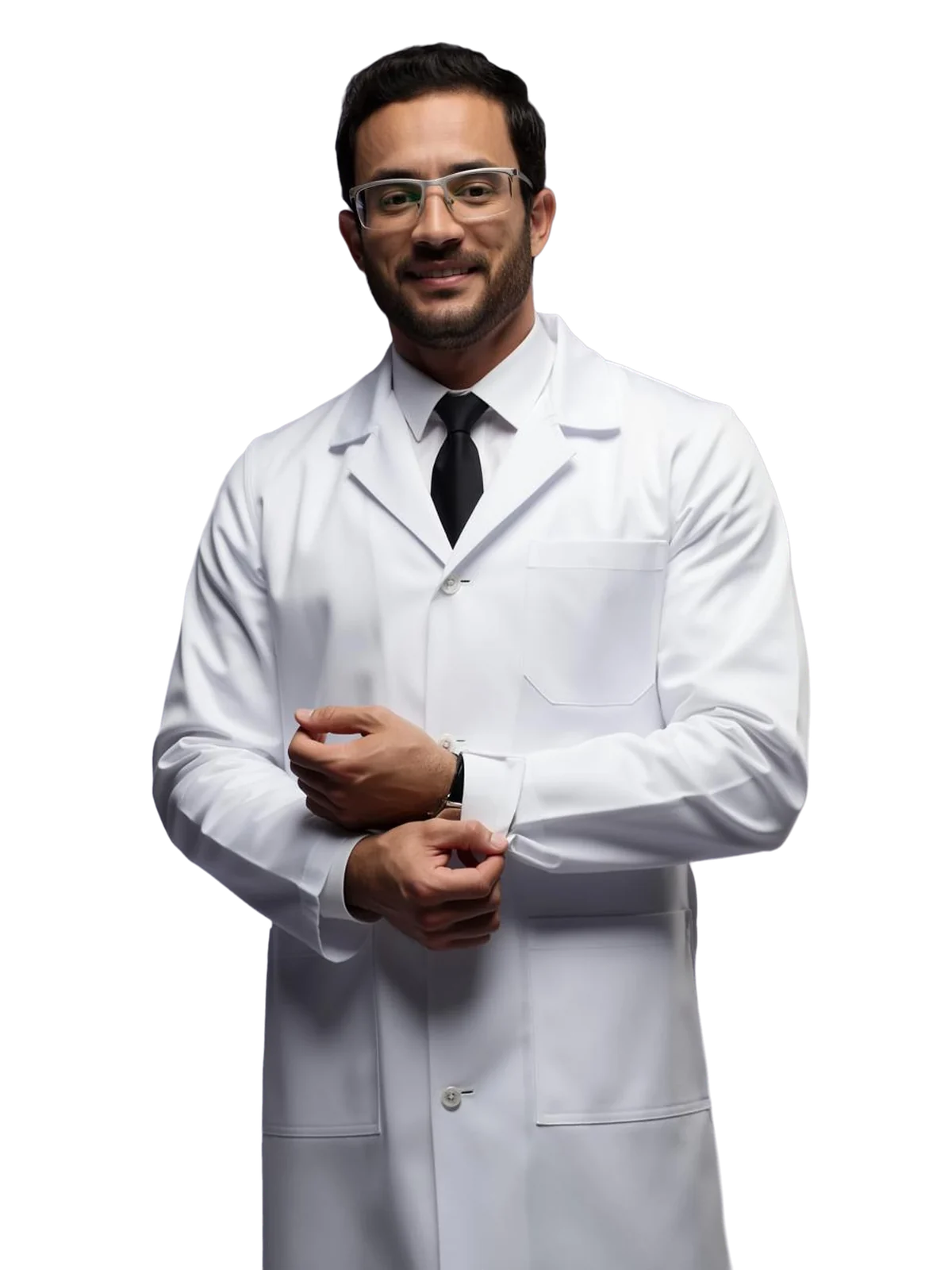 Dr. Thiago R. Souza em pé, de jaleco branco e gravata, sorrindo enquanto ajusta o punho da manga